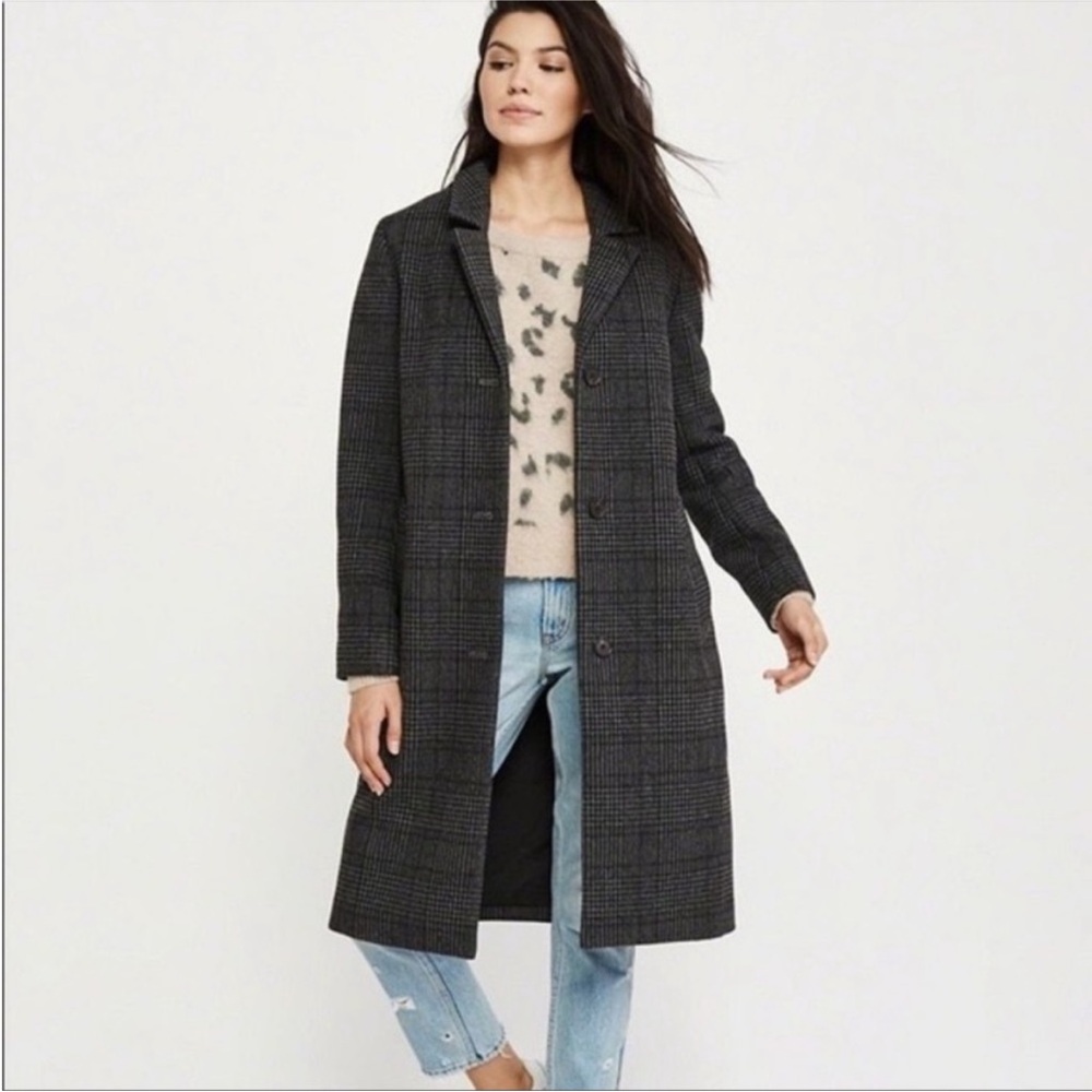 ABERCROMBIE GRAY AND BLACK PLAID DAD WOOL BLEND LONG COAT